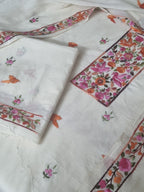 Orange bird Parsi Gara embroidery on Indian handloom cotton suit set – close-up detail