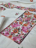3-piece cream Parsi Gara hand-embroidered unstitched suit – dupatta with orange bird motifs