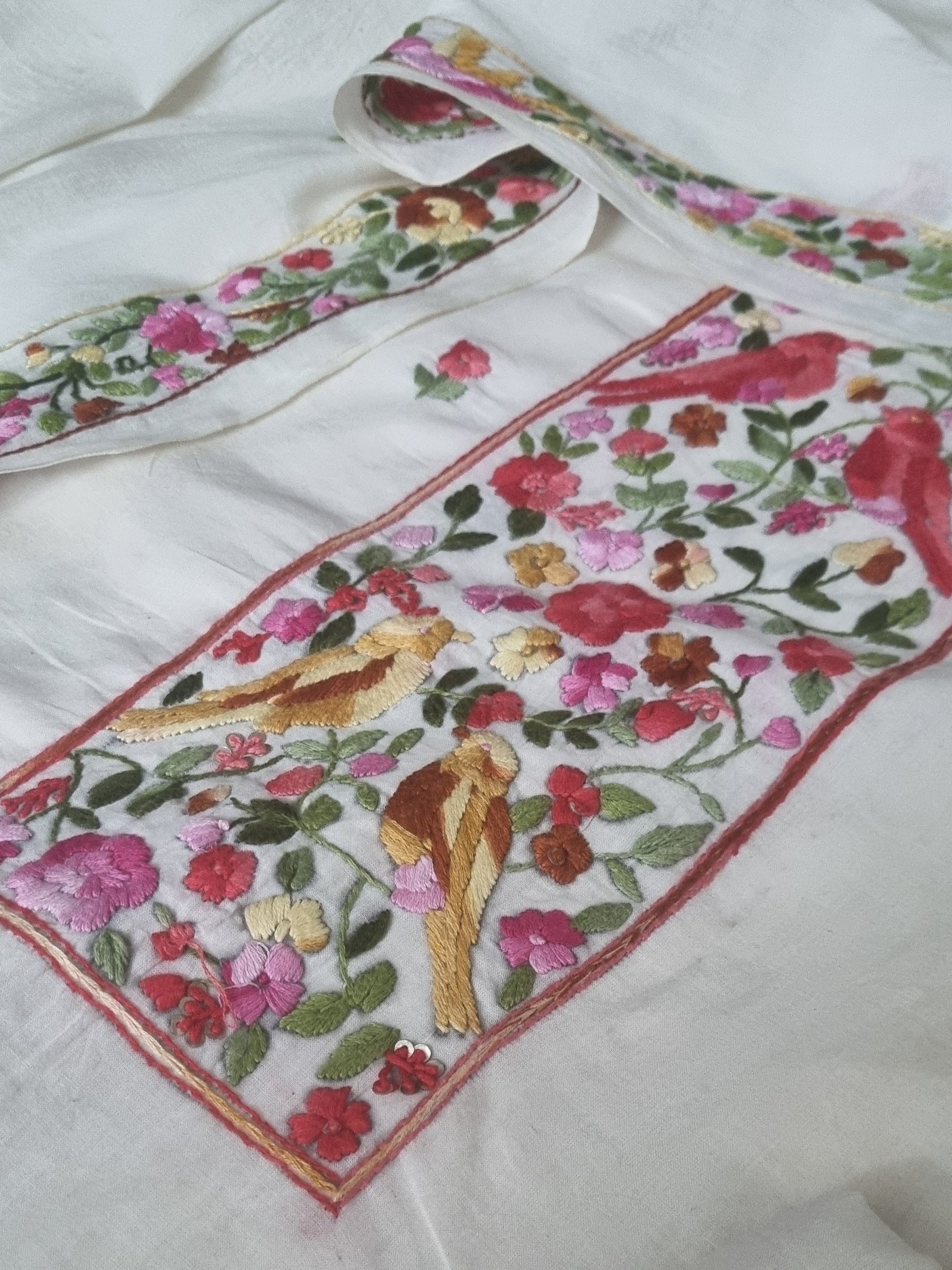 3-piece Parsi Gara hand-embroidered unstitched suit – dupatta and fabric view