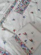 Cream cotton unstitched salwar suit with green blue bird Parsi Gara embroidery – fabric view