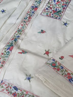 Green blue floral Parsi Gara embroidery on Indian handloom cotton suit set – close-up detail