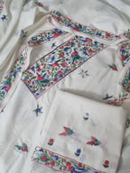 Parsi Gara hand-embroidered green blue bird motif cotton 3-piece unstitched suit – detail shot