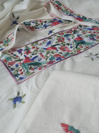 3-piece cream Parsi Gara hand-embroidered unstitched suit – dupatta with green blue floral motifs