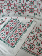 Sindhi hand-embroidered cream cotton 3-piece suit set in red and green – detail shot