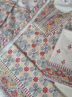 Kantha work unstitched suit set in cream and multicolour – top and bottom detail