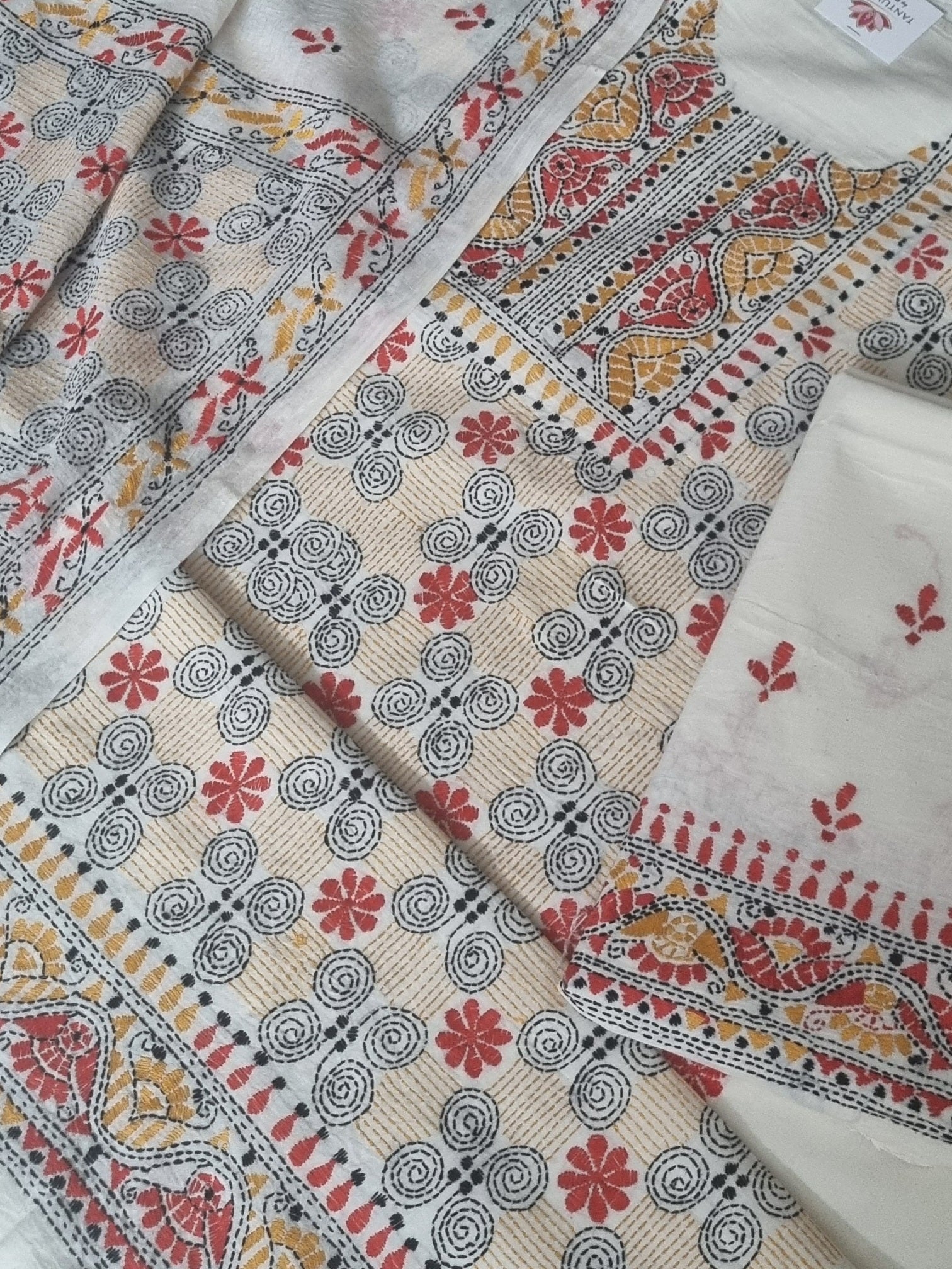 Kantha work unstitched suit set in cream and multicolour – top and bottom detail