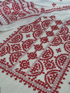 Cream & red Sindhi hand-embroidered cotton suit set – editorial portrait styling