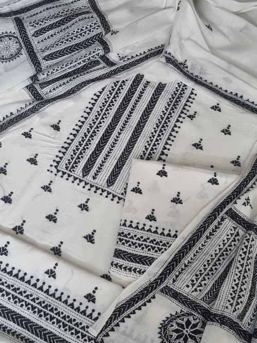 Black off-white Indian handloom 3-piece unstitched suit set with Kantha work – fabric detail