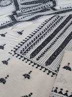 Hand-embroidered Kantha work cotton salwar suit material in black and off-white – drape view
