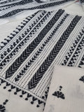 Kantha embroidery detail on black and off-white cotton unstitched suit set – close-up