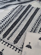 Kantha embroidery detail on black and off-white cotton unstitched suit set – close-up