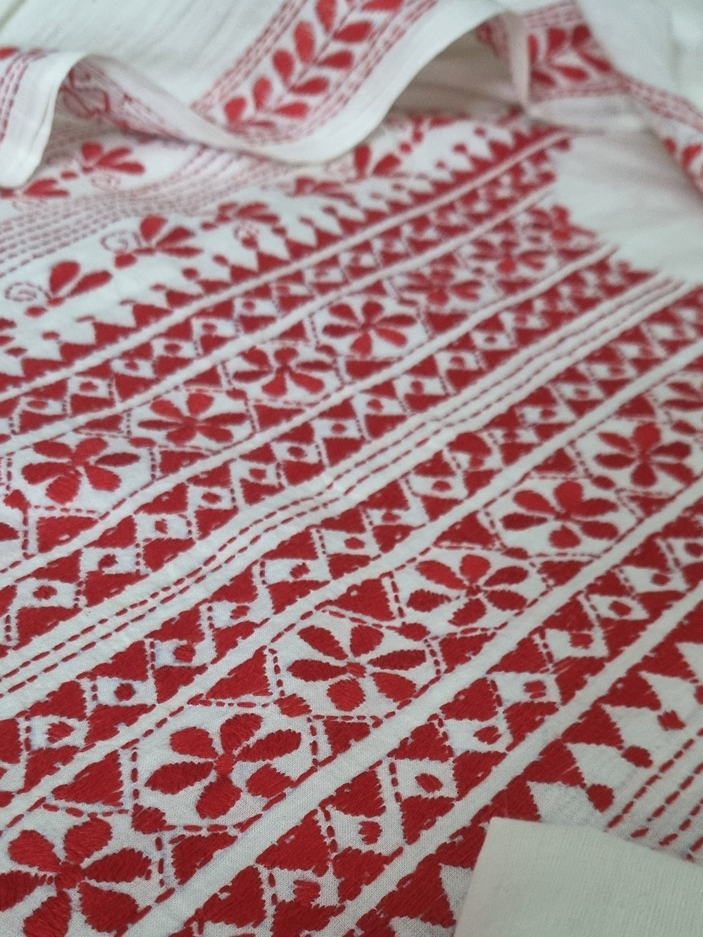 Kantha work unstitched suit set – top and bottom detail, red on cream cotton