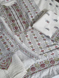 Close-up of Kantha Embroidery on Cream Cotton Kurta Fabric - Multicolour Hand-Stitched Motifs | SKU 1114