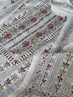 Detail of Kantha Work Embroidery Pattern on Cream Cotton Fabric - Indian Handloom Craftsmanship | SKU 1114