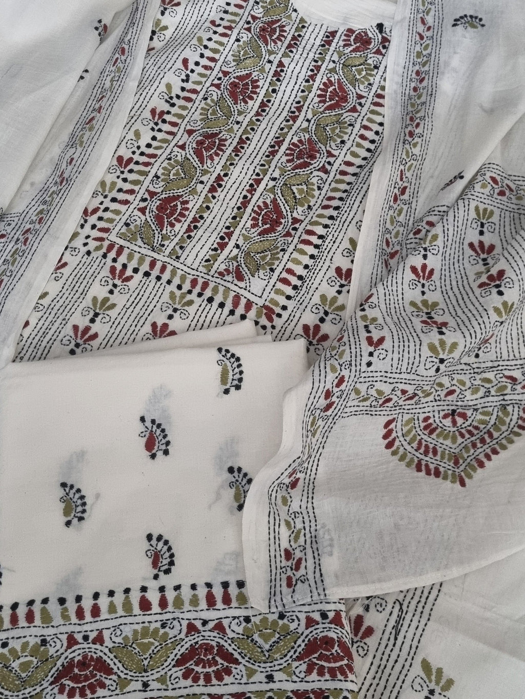 Flat Lay of 3-Piece Unstitched Suit - Cream Cotton with Kantha Embroidery, Top + Bottom + Dupatta