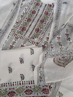 Flat Lay of 3-Piece Unstitched Suit - Cream Cotton with Kantha Embroidery, Top + Bottom + Dupatta