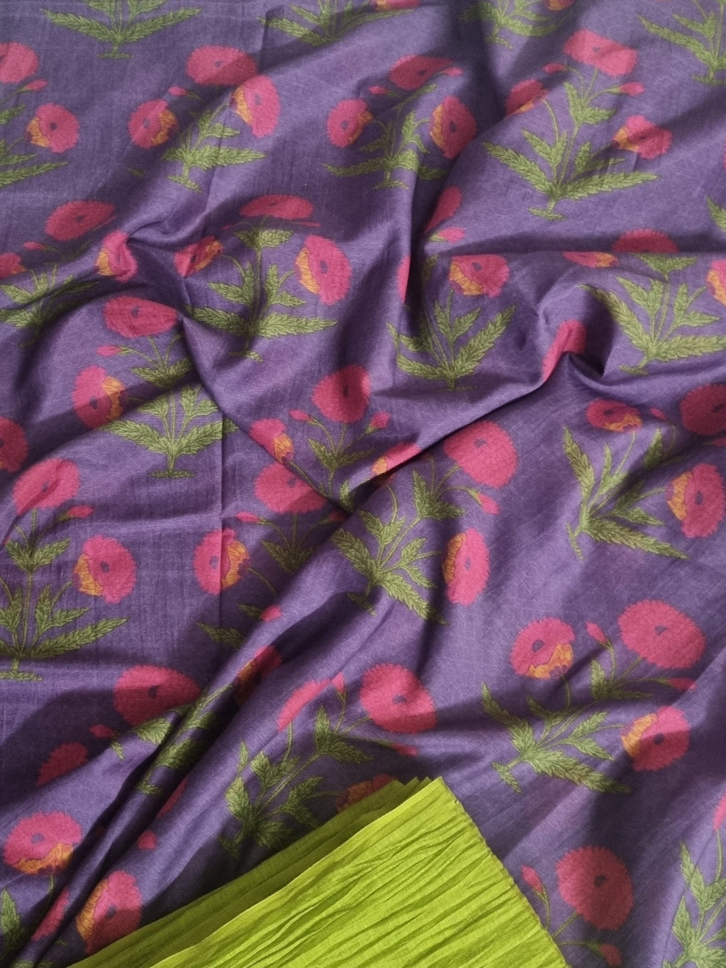 Flat Lay of Malai Chanderi Silk 2-Piece Co-ord Set - Purple Top & Green Cotton Bottom