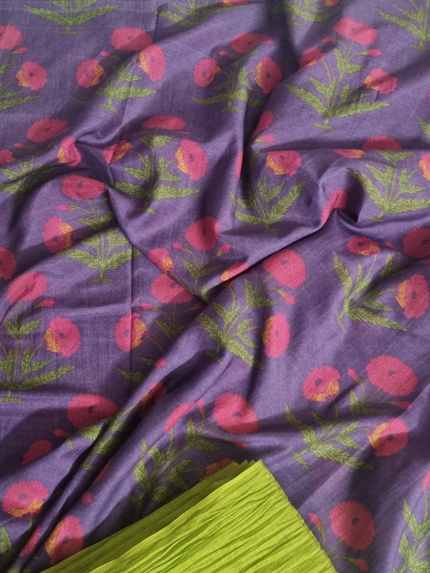 Flat Lay of Malai Chanderi Silk 2-Piece Co-ord Set - Purple Top & Green Cotton Bottom