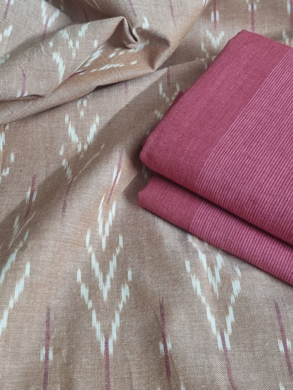 Ikat 2-piece unstitched set – kurta and bottom fabric detail, brown pink-red
