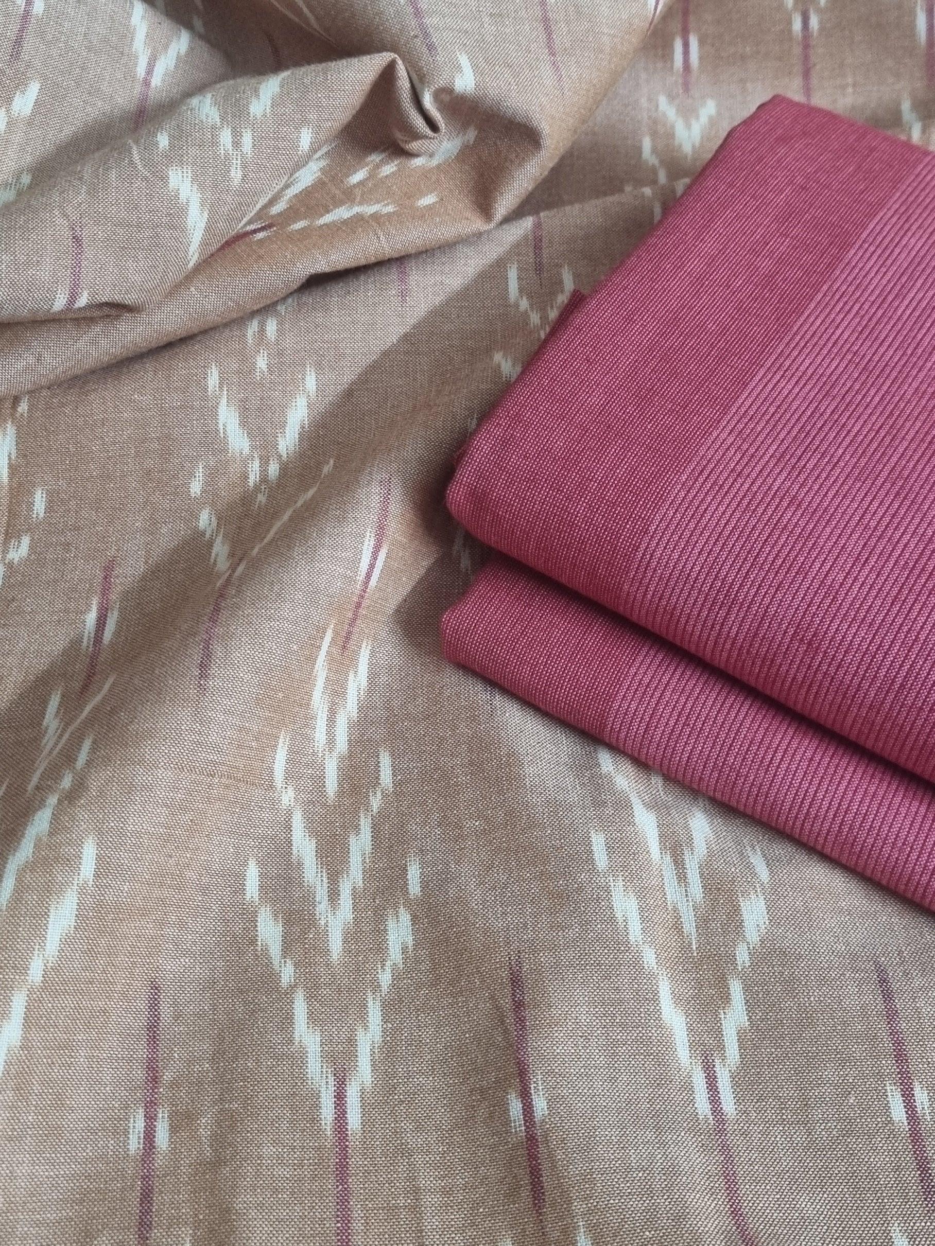 Ikat 2-piece unstitched set – kurta and bottom fabric detail, brown pink-red