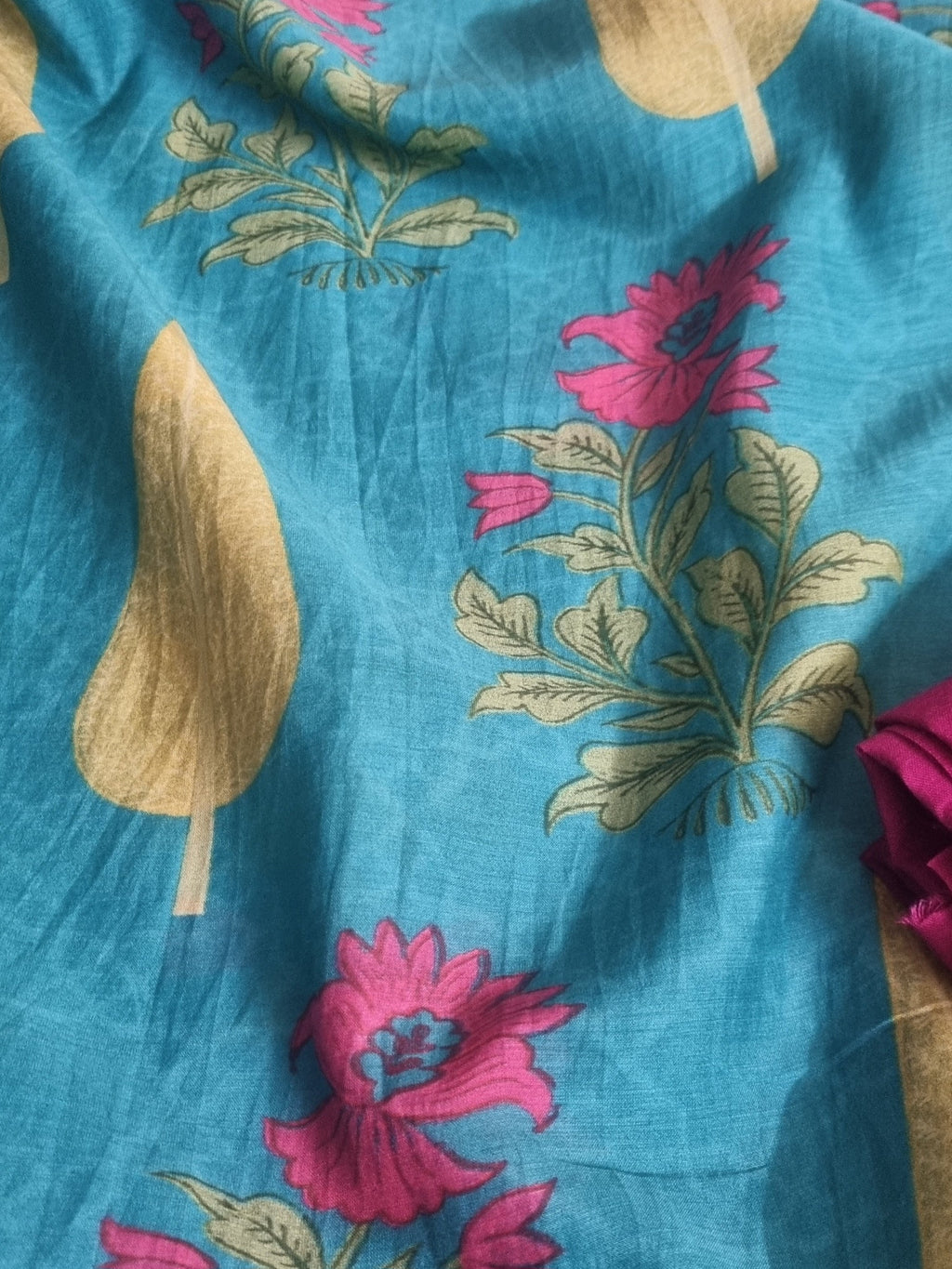 Flat Lay of Malai Chanderi Silk 2-Piece Co-ord Set - Peacock Blue Top & Pink Cotton Bottom