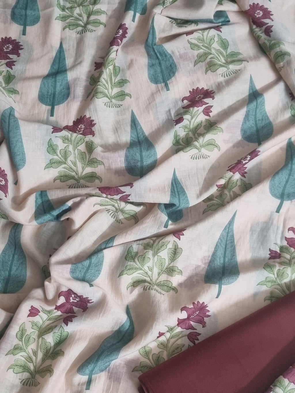 Detail of Plum Cotton Bottom Fabric - Malai Chanderi Silk Co-ord Set | Tantuvanacrafts