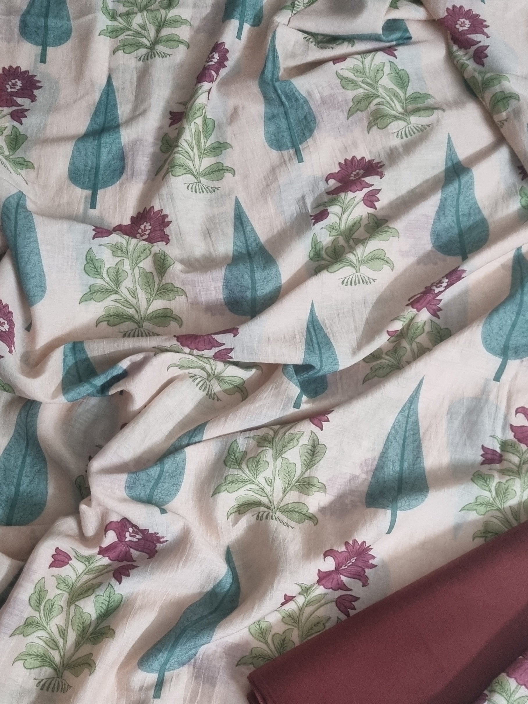 Detail of Plum Cotton Bottom Fabric - Malai Chanderi Silk Co-ord Set | Tantuvanacrafts