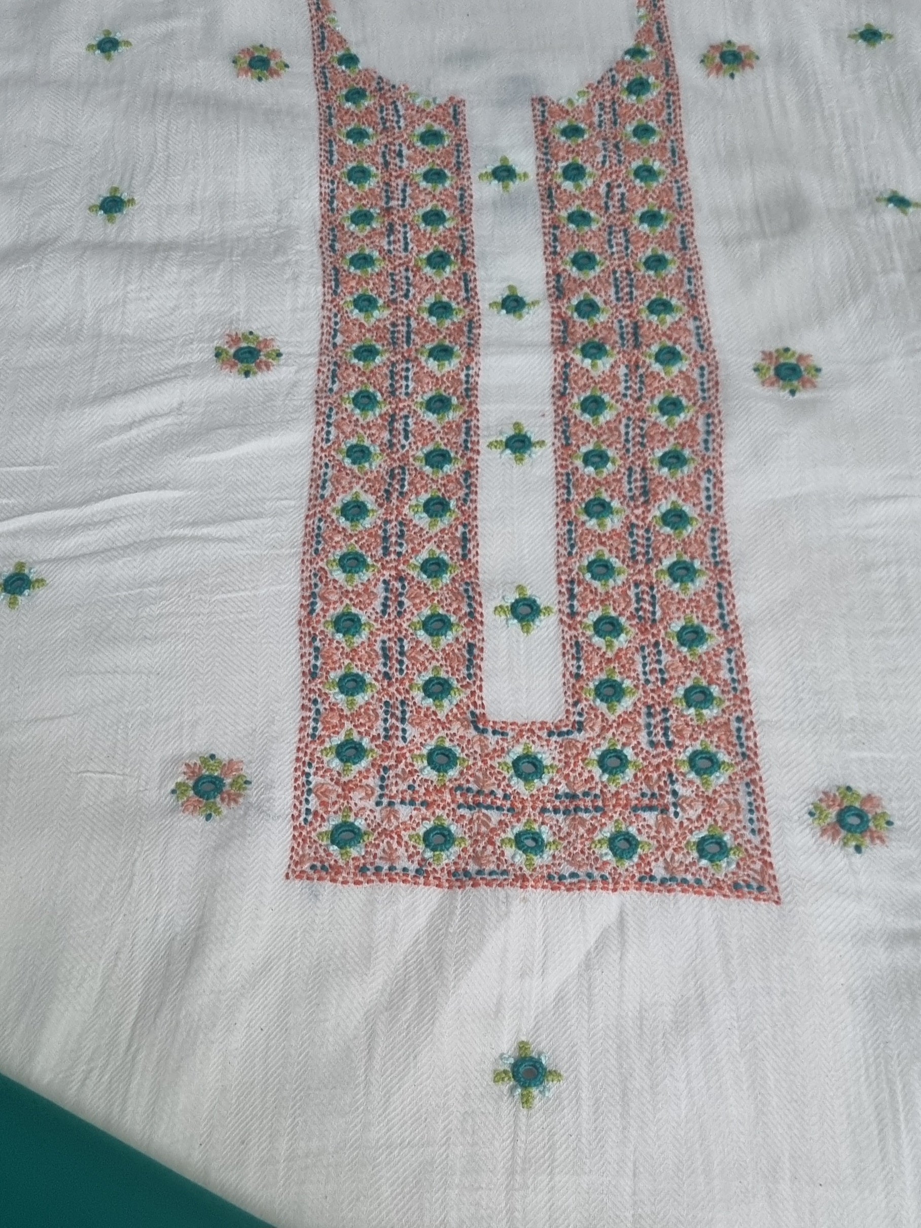 Close-up of real mirror work and Kantha embroidery on cotton unstitched set