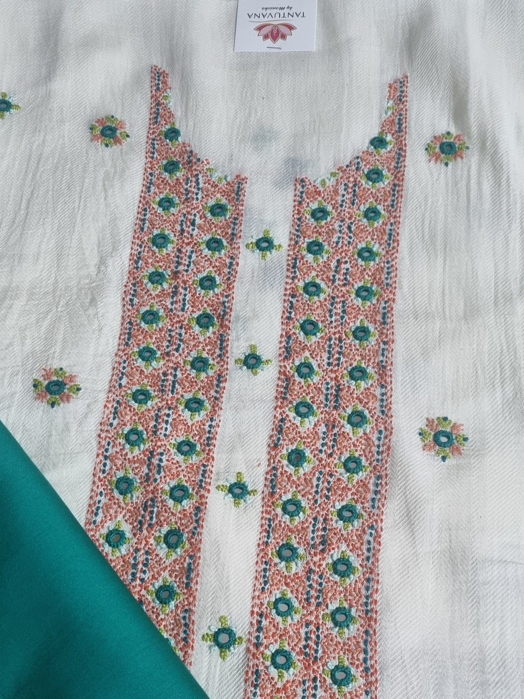 Kantha embroidery with real mirror work on cotton fabric – unstitched co-ord set front view