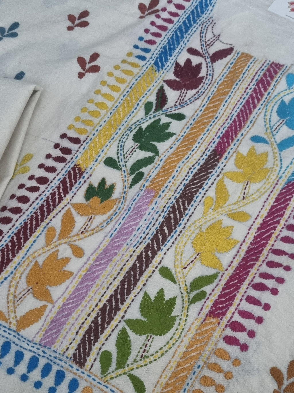 Cream Kantha work unstitched co-ord set in cotton – detail view