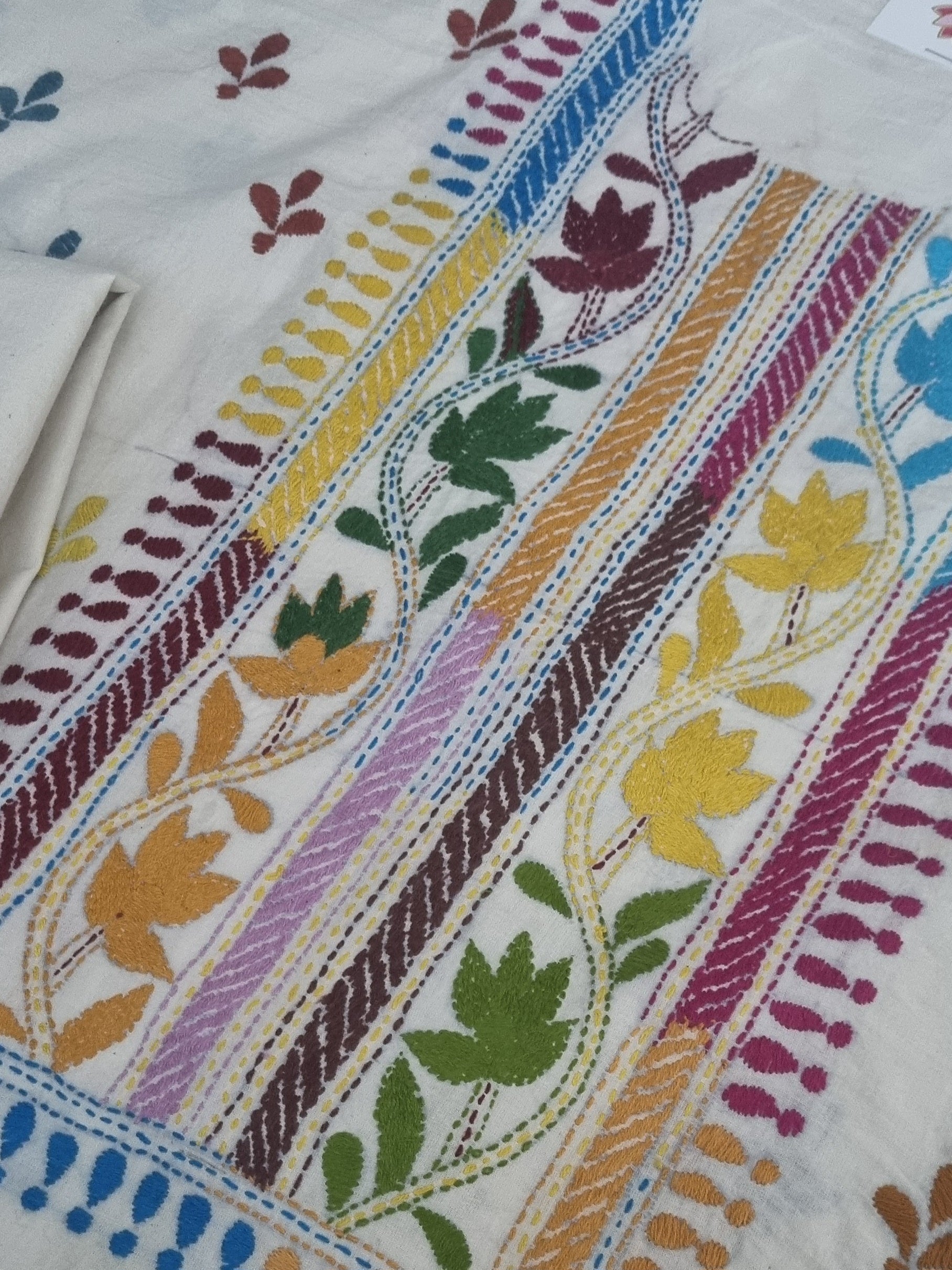 Cream Kantha work unstitched co-ord set in cotton – detail view