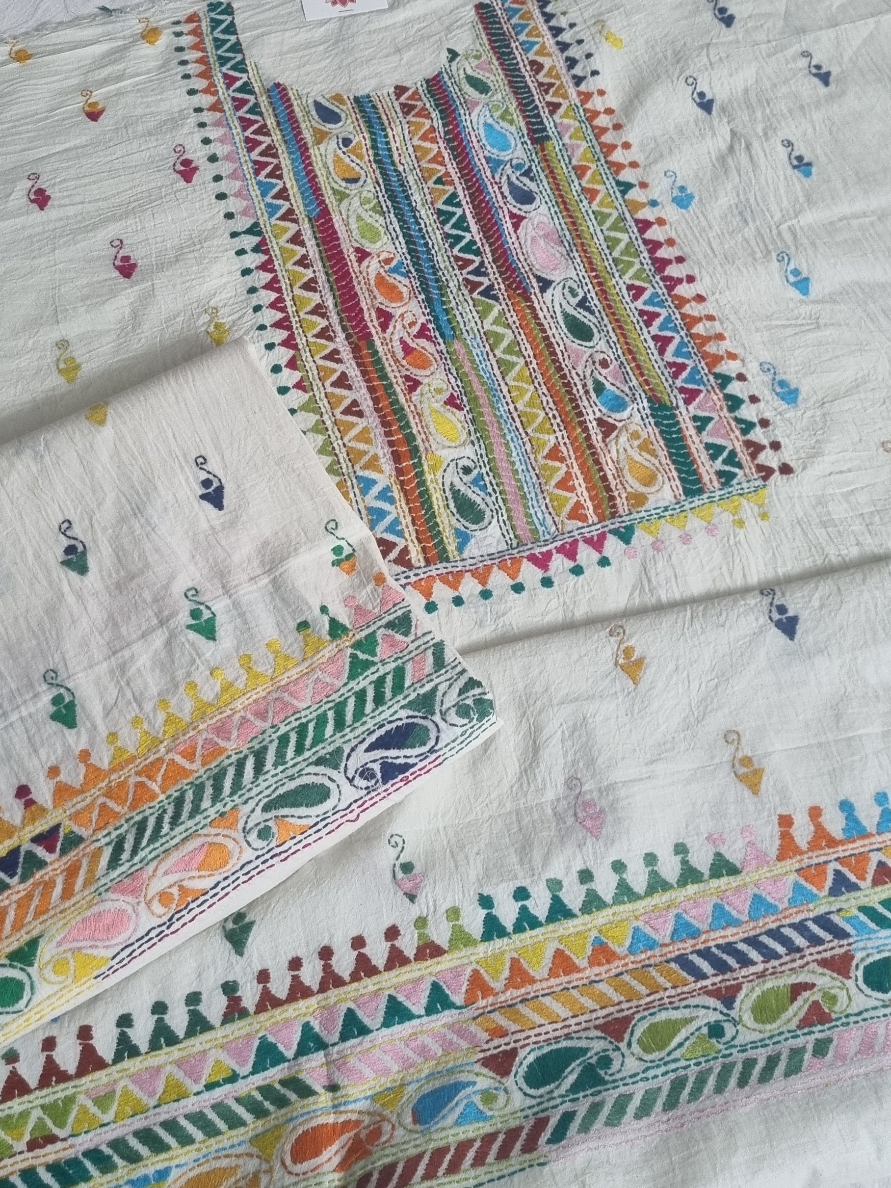 Indian handloom Kantha work cotton unstitched co-ord set – side view