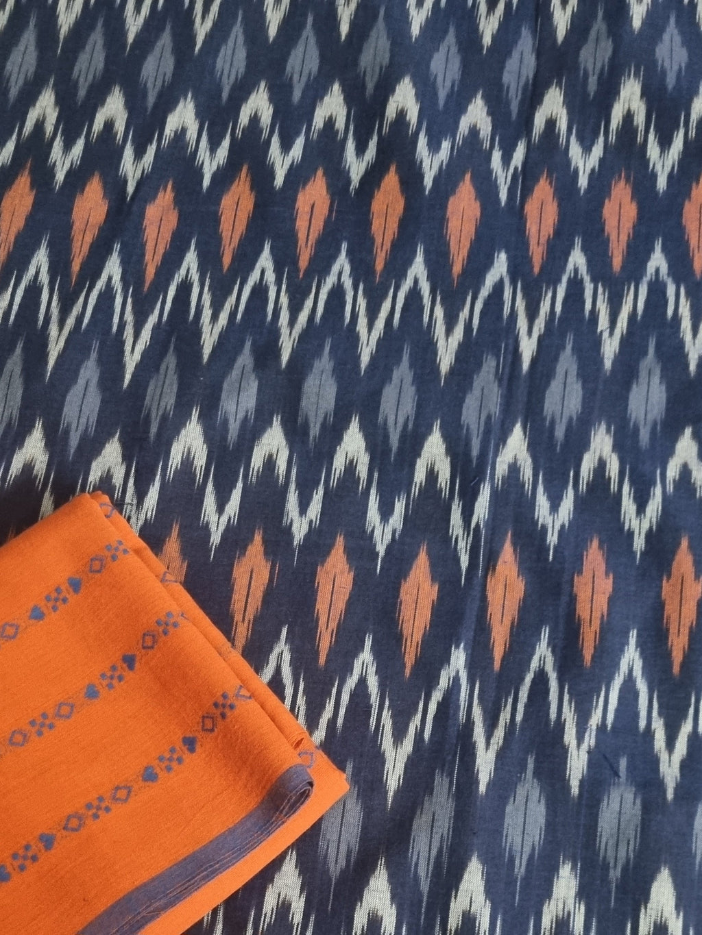 Indian handloom unstitched co-ord set in navy blue ikat weave – Close view