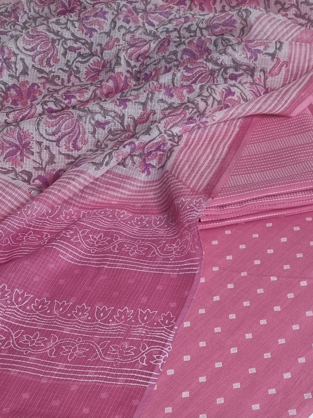 Handwoven cotton unstitched suit fabric in pink and white – close-up texture