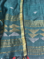 Teal green 60 Lea linen Kurta Dupatta fabric – all-over inverted triangle motifs, handloom unstitched suit material