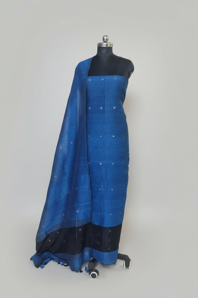 Midnight Blue & Black Handwoven Linen Unstitched Set – Full Drape View