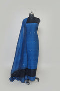 Midnight Blue & Black Handwoven Linen Unstitched Set – Full Drape View