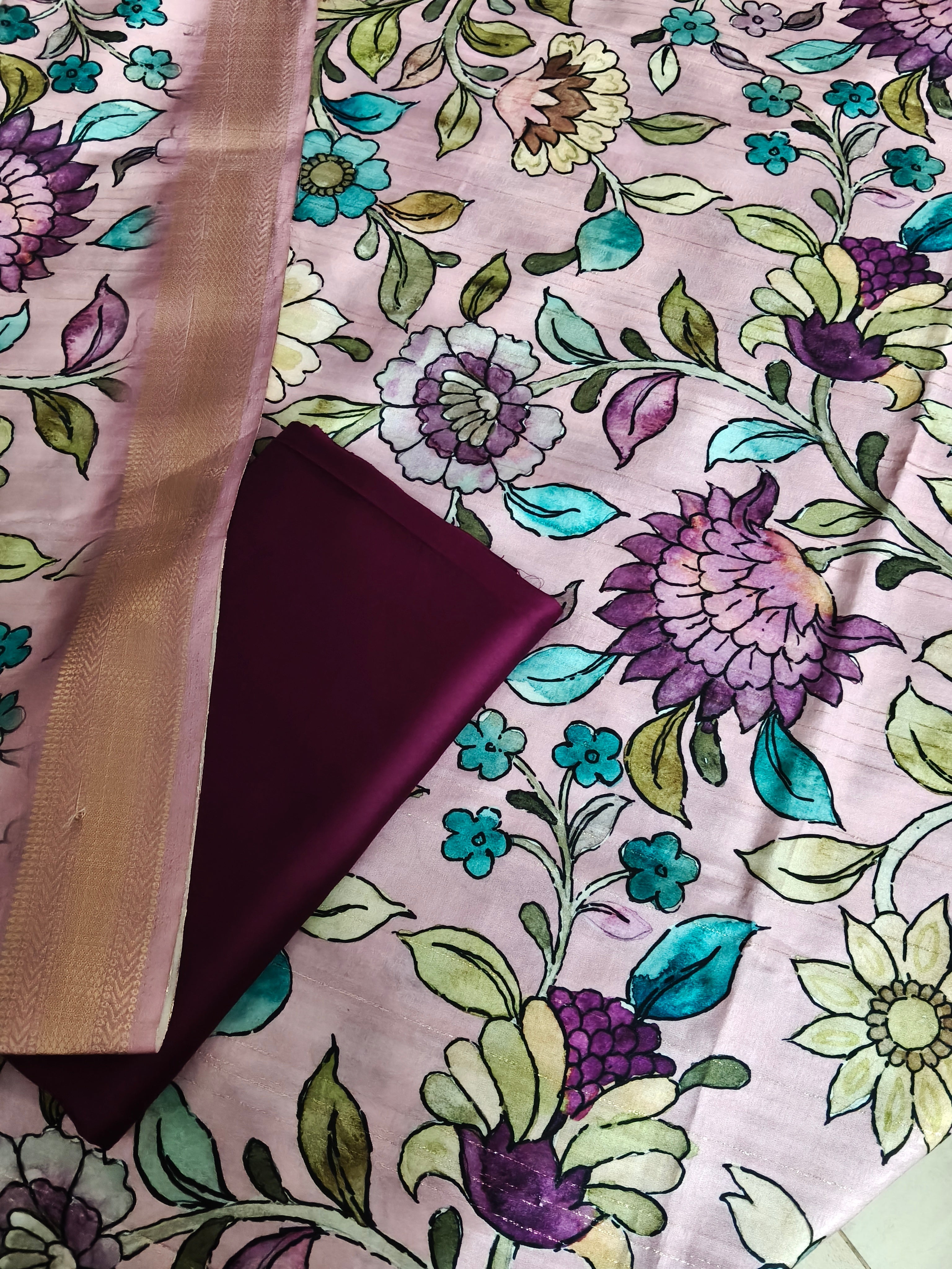 Floral Banarasi Semi Tussar fabric detail – 2-piece unstitched suit with cotton silk bottom