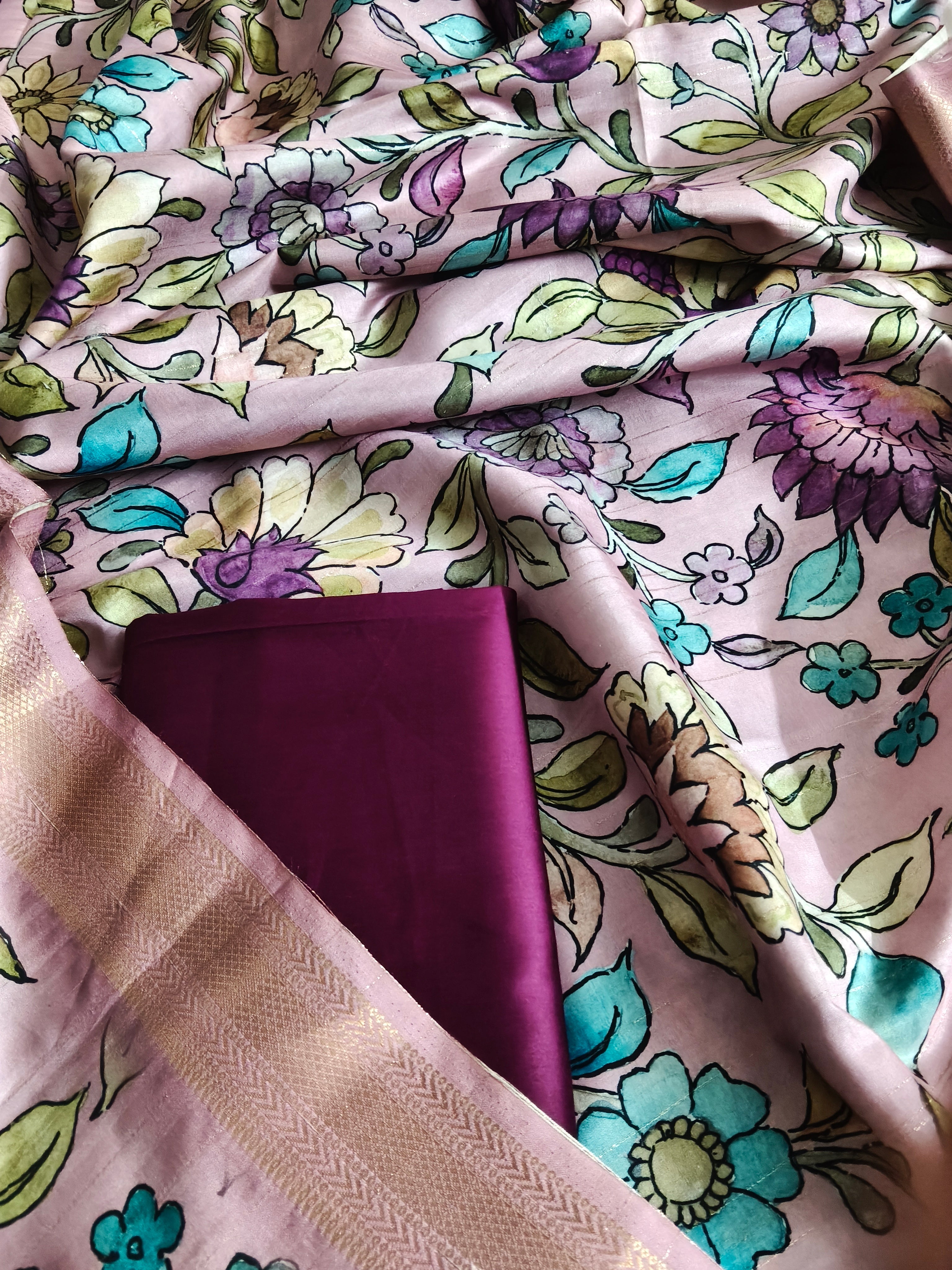 Pink and mauve Banarasi Semi Tussar suit fabric close-up – Indian handloom unstitched set