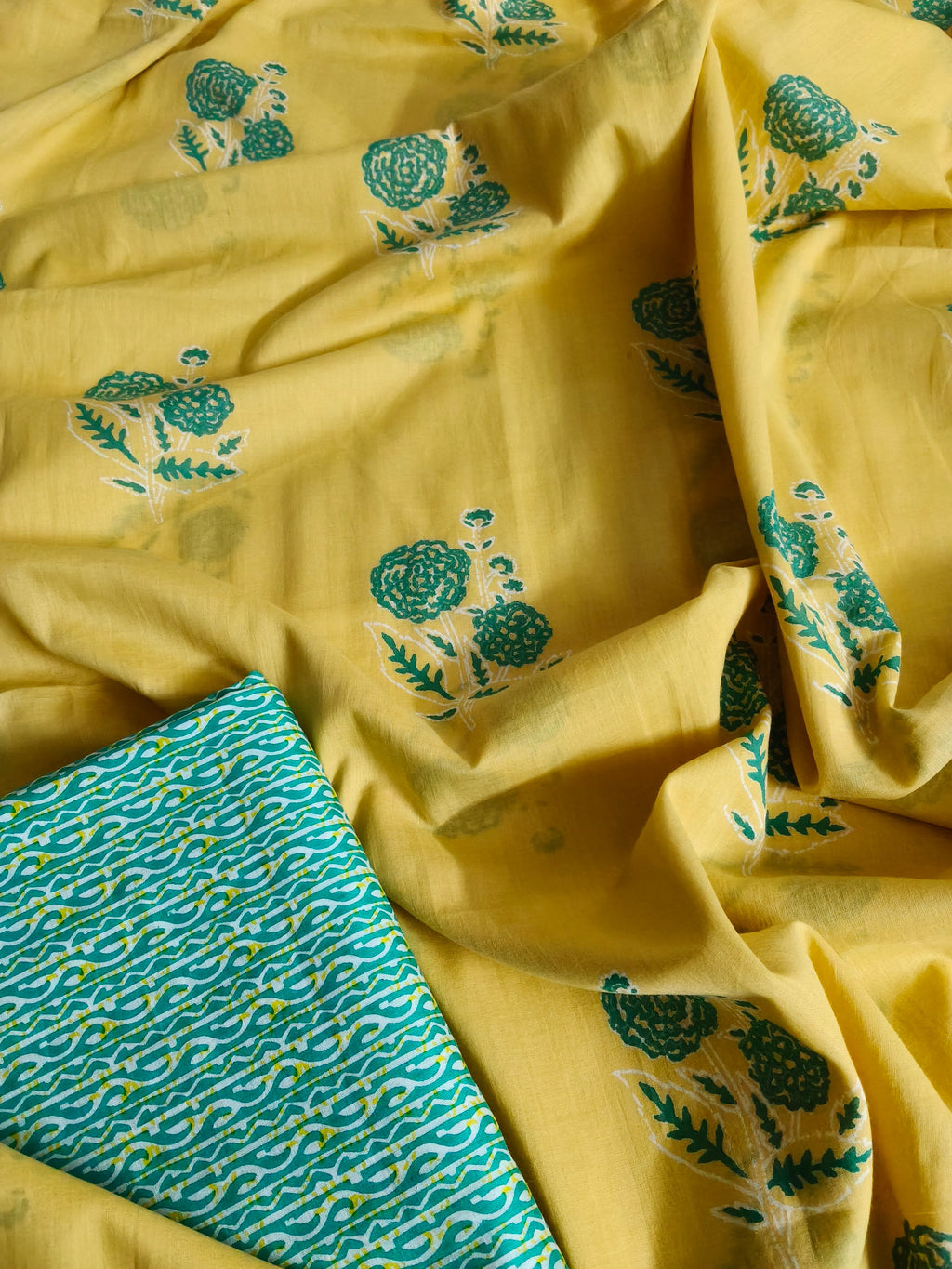 Floral Booti & Striped Block Print 2-Piece Co-ord Set | Yellow & Green | Indian Handloom
