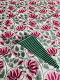 Close-up of lotus block print and handloom stripe fabric – pink green white unstitched suit material, SKU 1170