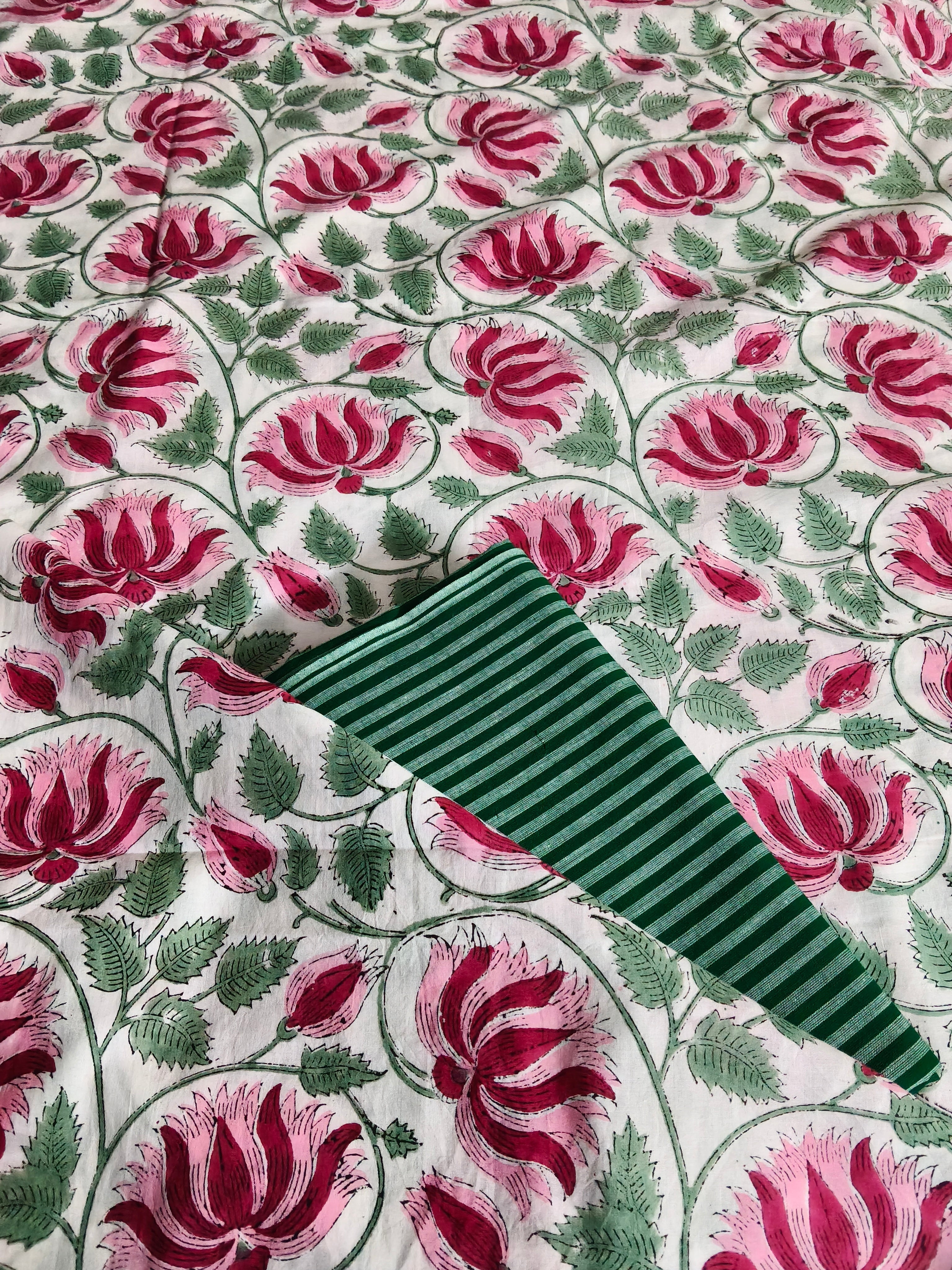 Close-up of lotus block print and handloom stripe fabric – pink green white unstitched suit material, SKU 1170