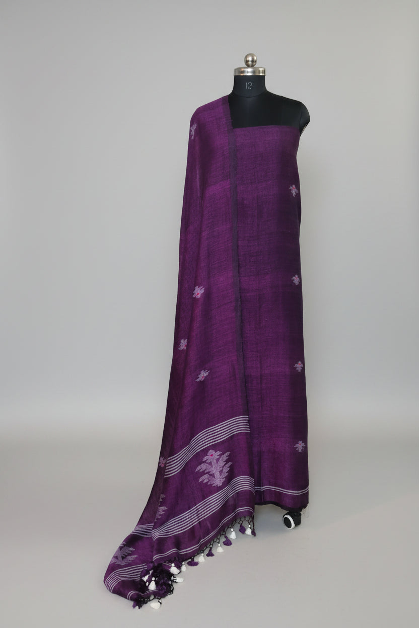Handwoven 60 Lea linen unstitched suit fabric in deep purple with all-over woven motifs – Indian handloom, 2-piece set