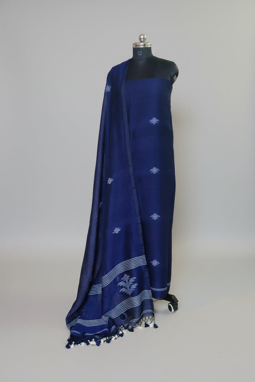 Indian handloom 60 Lea linen 2-piece suit fabric – indigo blue with all-over woven pattern, unstitched