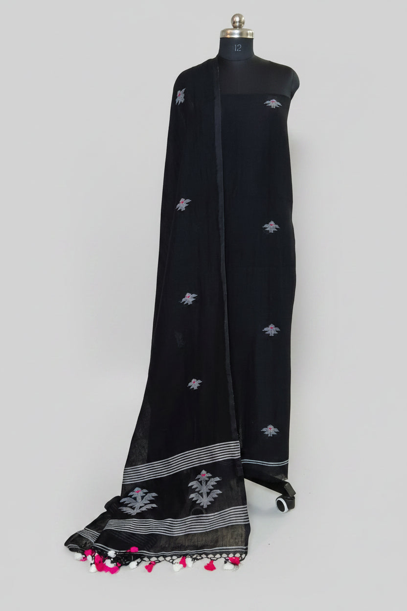 Handwoven 60 Lea black linen unstitched suit fabric with all-over woven motifs – Indian handloom 2-piece set