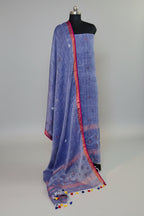 Handwoven 60 Lea Linen Jamdani 2-pc unstitched suit in chambray blue with silver and bronze star motifs – Indian handloom