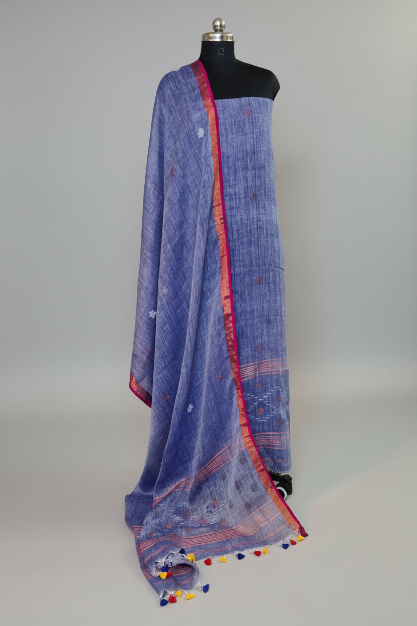 Handwoven 60 Lea Linen Jamdani 2-pc unstitched suit in chambray blue with silver and bronze star motifs – Indian handloom