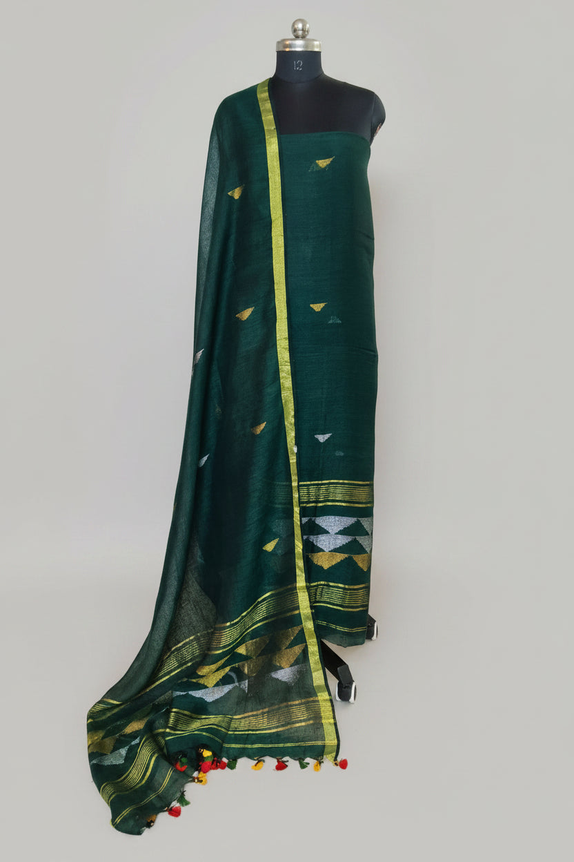 Handwoven 60 Lea linen unstitched suit fabric in deep green with inverted triangle motifs – Indian handloom, 2-piece set