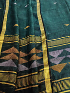 Deep green handloom linen suit fabric with geometric inverted triangle woven motifs – Kurta Dupatta set, unstitched