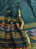 60 Lea linen unstitched suit material in deep green – close-up of inverted triangle motifs, pure Indian handloom